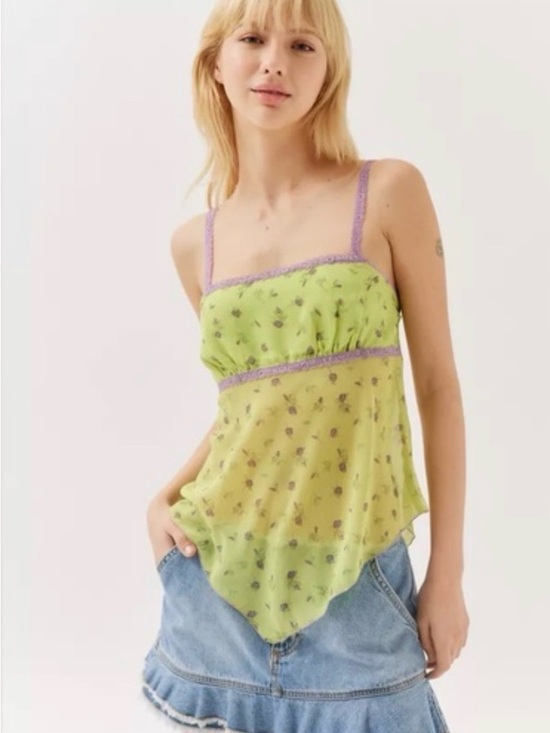 Urban Outfitters Tops - Urban Outfitters UO Tati babydoll‎ lime Floral Cami Top fairycore handkerchief M